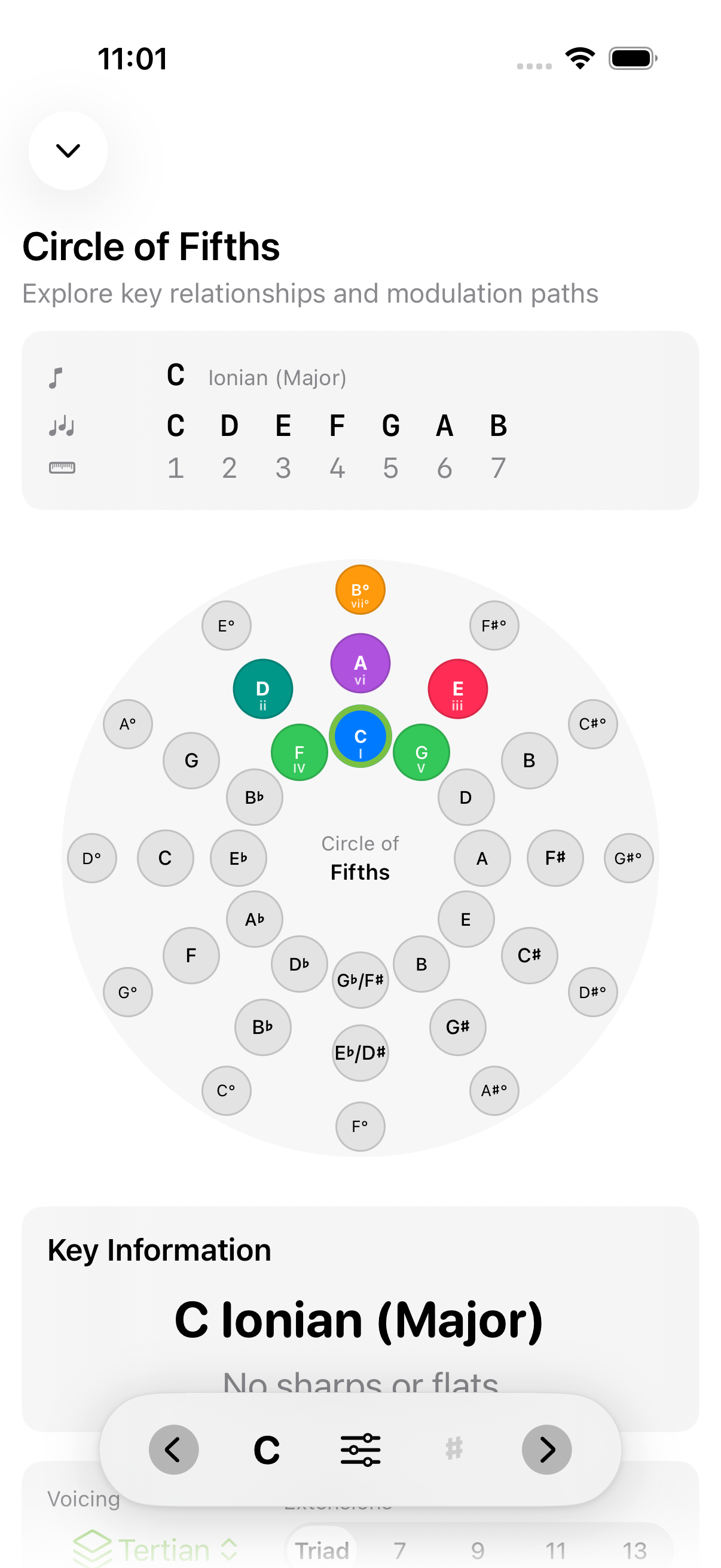 Circle of Fifths screen on iPhone